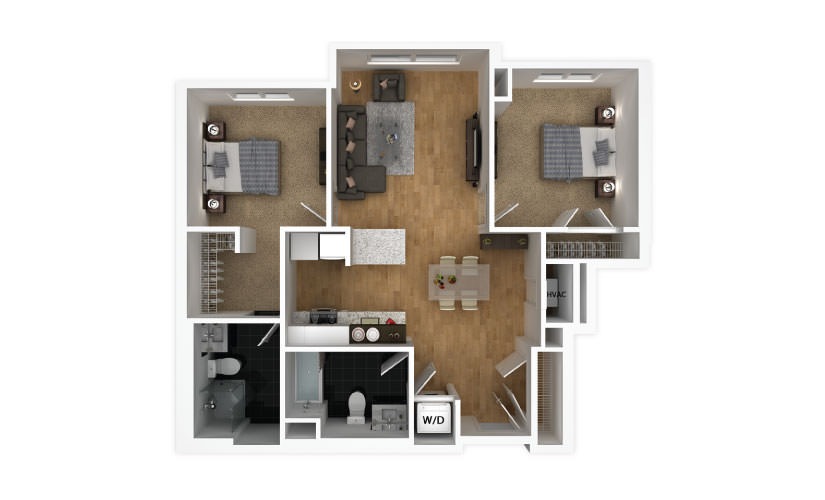 Blush - 2 bedroom floorplan layout with 2 bathrooms and 889 square feet