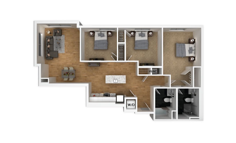 Copper - 3 bedroom floorplan layout with 2 bathrooms and 1222 square feet
