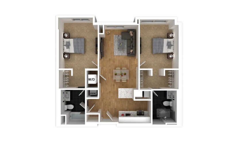 Crimson - 2 bedroom floorplan layout with 2 bathrooms and 896 square feet