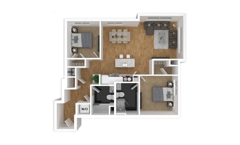 Emerald - 2 bedroom floorplan layout with 2 bathrooms and 928 square feet