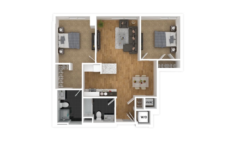 Gold - 2 bedroom floorplan layout with 2 bathrooms and 846 square feet