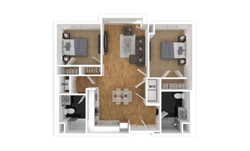 Violet - 2 bedroom floorplan layout with 2 bathrooms and 889 square feet